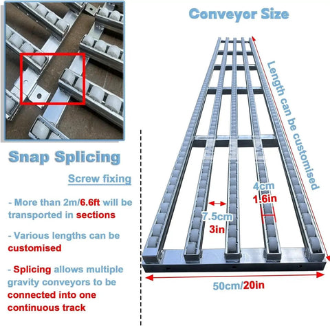 Heavy Duty Conveyor Roller Pulley 32.8 Feet Long Supports 300 Lbs Load for warehouses, showing snap splicing and size details.