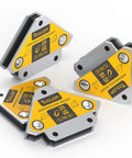Tooliom Arrow welding magnets set of 4, angled view, yellow and silver, 25 lb pull strength