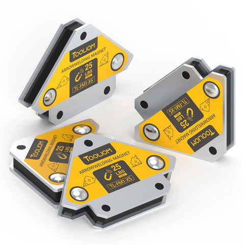 Tooliom Arrow welding magnets set of 4, angled view, yellow and silver, 25 lb pull strength
