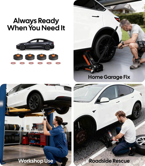 Tesla Jack Pads For Model Y And More Heavy Duty TPU Battery Protection Lift Pucks in use with cars in garage and roadside scenarios