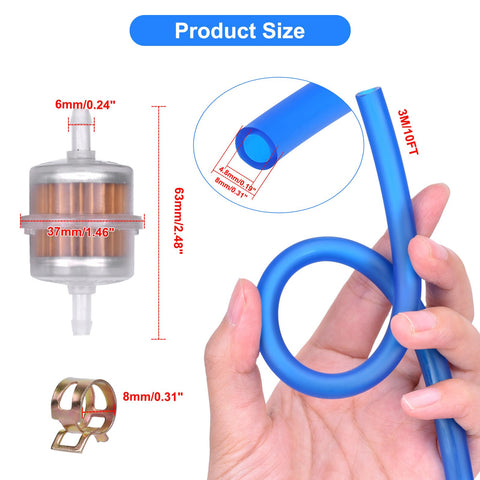 Close-up of 10 Foot 3 16 Inch ID Fuel Line Kit With 2 Fuel Filters And 8mm Hose Clamp dimensions and components