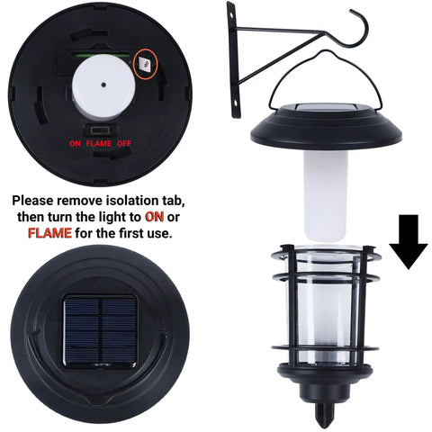 4 Pack Solar Powered Flame Wall Lanterns Outdoor Waterproof Sconce Lights with battery compartment and mounting bracket.