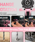 Instructions for using Pink Cordless Drill Driver Kit 12V with rotation switch, showing use for wood, bricks, iron blocks.