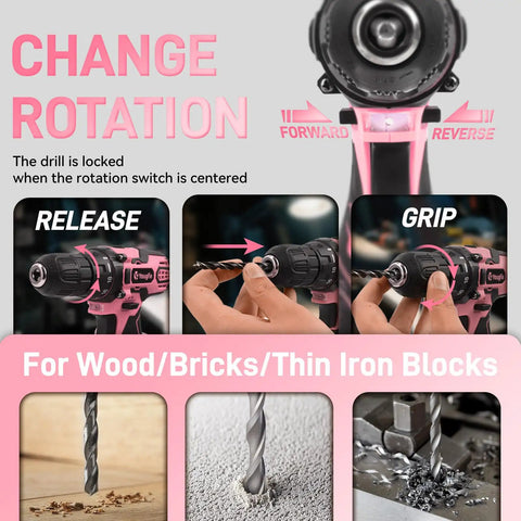 Instructions for using Pink Cordless Drill Driver Kit 12V with rotation switch, showing use for wood, bricks, iron blocks.