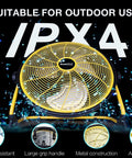 Rechargeable Outdoor High Velocity Camping Floor Fan 16 Inch Portable Battery Powered Fan with IPX4 water resistance and metal blades.