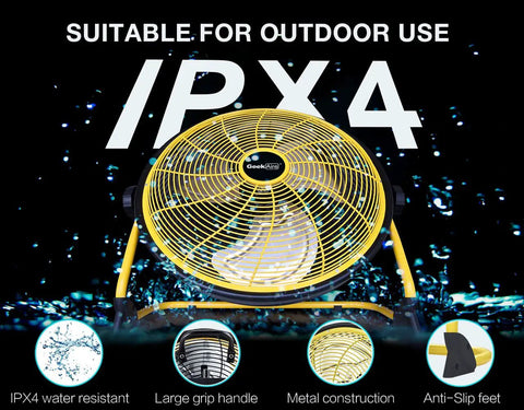 Rechargeable Outdoor High Velocity Camping Floor Fan 16 Inch Portable Battery Powered Fan with IPX4 water resistance and metal blades.