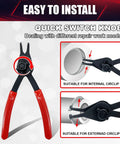 12 Piece Universal Snap Ring Pliers Set Heavy Duty Fixed Tip Internal And External Pliers with close-up on repair use functions