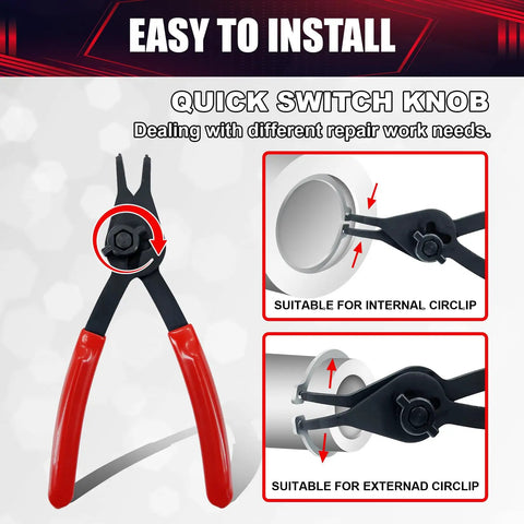 12 Piece Universal Snap Ring Pliers Set Heavy Duty Fixed Tip Internal And External Pliers with close-up on repair use functions