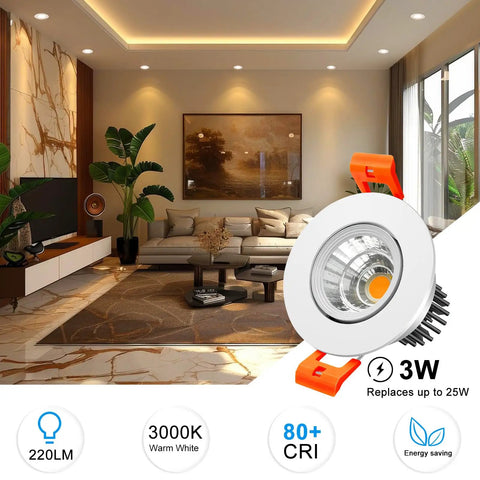 Stylish living room with installed 2 Inch LED Downlight 3W Recessed COB Dimmable Ceiling Light 3000K Warm White With CRI80 And Built In Driver