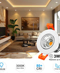 2 Inch LED Downlight 12 Pack Recessed COB Dimmable Ceiling Lights 3W 3000K Warm White CRI80 with LED Driver in living room