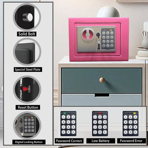 Pink Deluxe Digital Security Safe Box With Keypad Lock for home, office, hotel use. Features solid bolt, steel plate, and reset button.
