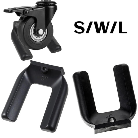 Lock And Load Your Rolling Ride With This Bulletproof 4 Pack Of Non Slip Rubber Wheel Stopper Bed Frame Caster Blocker Heavy Duty Floor Anchor Secures Office Chairs Desks Couches Tight No More Drifting Wheels, showing two non-slip rubber wheel stoppers and a caster.