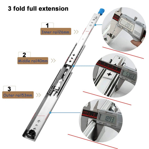 Heavy Duty Slick Glide Full Extension Drawer Slides With Secure Locking Feature For Cabinets And Dressers Featuring Built Tough Reliability In 500Mm 800Mm Or 1200Mm close-up of measuring drawer slides showing inner, middle, and outer rail dimensions.