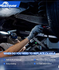 Mechanic inspecting vehicle underside to assess CV axle replacement needs using a flashlight, check for oil leakage, noise, deformation.