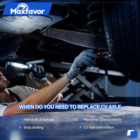Mechanic inspecting vehicle underside to assess CV axle replacement needs using a flashlight, check for oil leakage, noise, deformation.