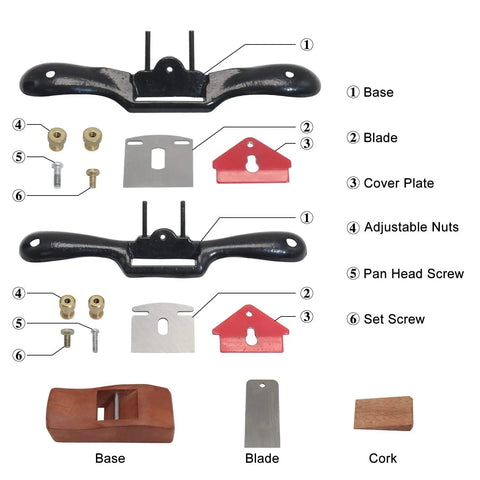 Diagram of adjustable spoke shave set with two sizes, showing base, blades, cover plate, nuts, screws, and woodworking plane.