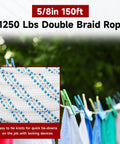 Close-up of Five Eighth Inch 150 Feet Double Braid Polyester Bull Rope, white with blue pattern, against blurred background.