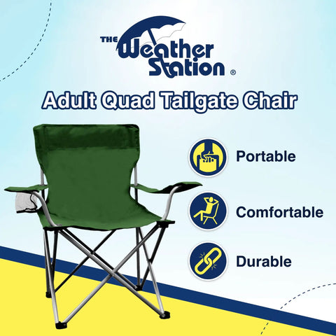 Lightweight Outdoor Folding Camping Chair With Cup Holder And Adjustable Armrests in green, quad style, front view.
