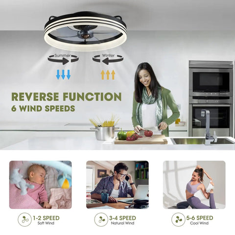 Ceiling Fan With Light 20 Inch Black Flush Mount Low Profile With 6 Speeds Dimmable LED Light Timing Reversible Wind Function