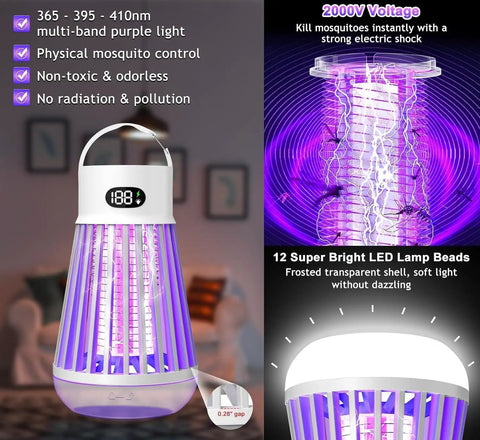 Indoor Outdoor Bug Zapper With Rechargeable Battery Boss Mosquito Killer Lamp showing purple UV light with voltage display