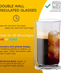 Slick Double Wall Insulated Glass Tumbler Set Featuring 16 Oz Collins Style Highball Cups Built To Chill Craft Beer Cocktails Smoothies Tropical Mixers And Party Drinks Pair showing double wall design and beverage.