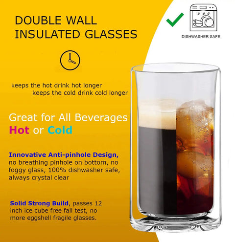 Slick Double Wall Insulated Glass Tumbler Set Featuring 16 Oz Collins Style Highball Cups Built To Chill Craft Beer Cocktails Smoothies Tropical Mixers And Party Drinks Pair showing double wall design and beverage.