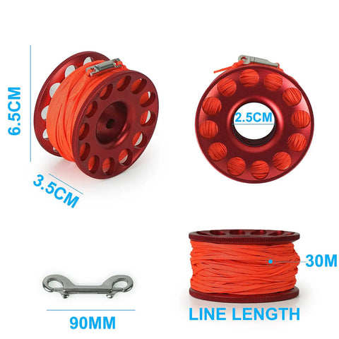 98ft Diving Finger Reel With Line And Snap For Scuba Wreck Cave Tech Diving Snorkeling Kayak Anchor And Surface Marker Buoy Compact Aluminum Reel Ready To Roll, showing red line and dimensions.