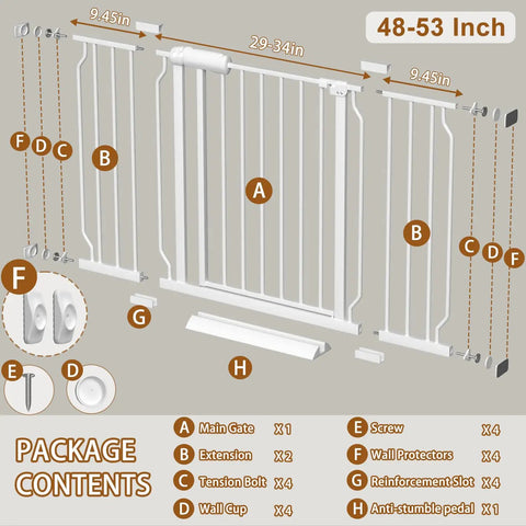 Extra Wide Baby Gate For 48 To 53 Inch Openings With Auto Close Convenience Indoor Child Safety Gate parts and dimensions diagram