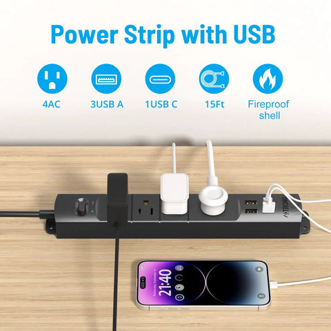 Ultra Thin Surge Protector Power Strip With USB A And Type C, Flat Plug, 15 Ft Extension Cord, Four AC Outlets