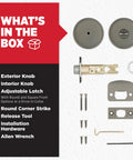 Kwikset Pismo round privacy doorknob set in gunmetal with 2 knobs, latch, strike plates, screws, Allen wrench.