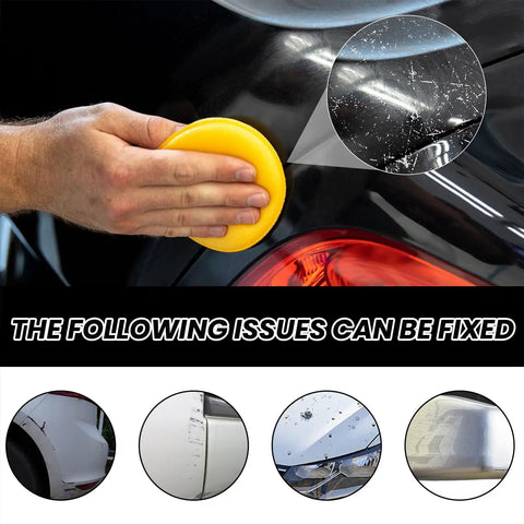 Hand using Car Paint Scratch Repair Kit With Deep Scratch Remover Paste Polishing Wax Wipe And Sponge For Vehicle Restoration.