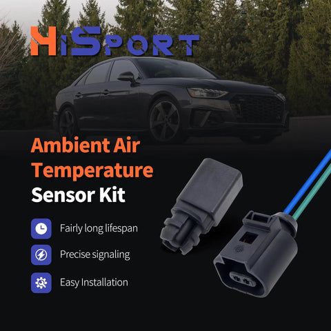 No Drama Fix Ambient Air Temperature Sensor With Connector Pigtail Plug Quick Swap For Audi A3 A4 A6 And Volkswagen Golf Jetta Passat GTI, with connectors visible.