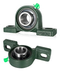 Front view of green pillow block bearing with 1 in shaft bore, UCP205-12, cast-iron base, pack of 2