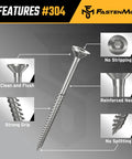 Stainless Steel Deck Screws 10x2.5 Inch 304 Grade 300 Count With T25 Star Drive Bit, showing features like no stripping and strong grip.