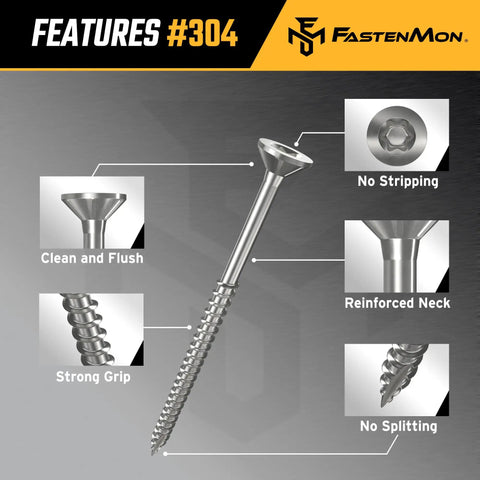 304 Stainless Steel Deck Screws 10x2.5 Inches, 1200 Count Bulk Box With T25 Star Drive Bit showing features like no stripping and strong grip.