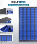 Tough As Nails Heavy Duty Parts Organizer Cabinet With 75 Drawers And Clear Label System, looks sturdy with clear blue bins for garage storage.