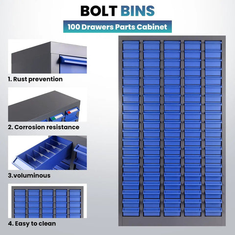 Tough As Nails Heavy Duty Parts Organizer Cabinet With 75 Drawers And Clear Label System, looks sturdy with clear blue bins for garage storage.