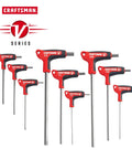 V Series Hex Key Allen Set 9 Piece SAE With X Tract Extraction Technology arranged with ergonomic T handles, red and black design.