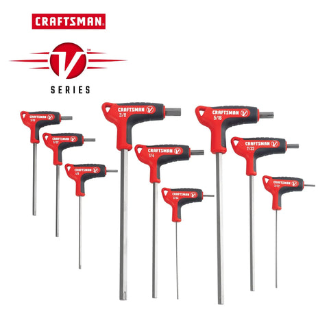 V Series Hex Key Allen Set 9 Piece SAE With X Tract Extraction Technology arranged with ergonomic T handles, red and black design.