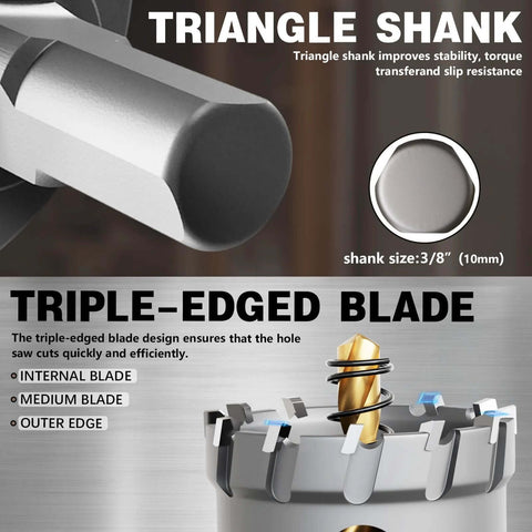 Front view of METOTY 19-piece carbide hole saw kit for metal with triangle shank and titanium pilot