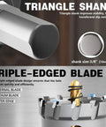 Close-up of Heavy Duty Tungsten Carbide Tipped Hole Saw Set Five Eighths Inch Two Pack METOTY Brand showing triangle shank and blade.