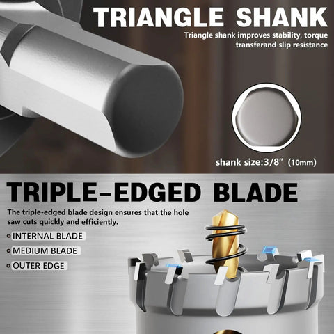 Close-up of Heavy Duty Tungsten Carbide Tipped Hole Saw Set Five Eighths Inch Two Pack METOTY Brand showing triangle shank and blade.