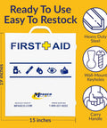 Front view of a MFASCO First Aid cabinet graphic, white metal wall-mount box with 19x15 inches, MFASCO logo visible.