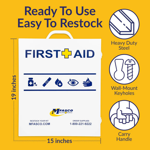 Front view of a MFASCO First Aid cabinet graphic, white metal wall-mount box with 19x15 inches, MFASCO logo visible.