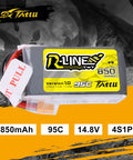 R Line 850mAh 14.8V 95C 4S LiPo Battery Pack with XT60 plug for multirotor FPV drones, front view