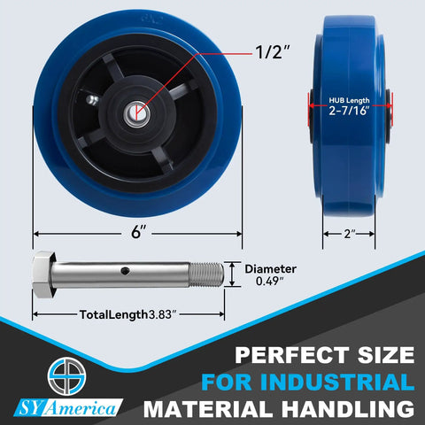 Rock Solid 6 By 2 Inch Polyurethane Caster Wheels Blue Polyolefin Core 900 Lbs Per Wheel Set Of 20 showing wheel dimensions and material.