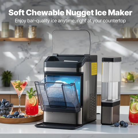 Countertop Nugget Ice Maker Makes Forty Eight Pounds Per Day With Instant Freeze Speed And Zero Stress Cleaning Whips Up Smooth Chewable Pellets For Legit Chill Backyard Hangs on kitchen surface with drinks and ice.