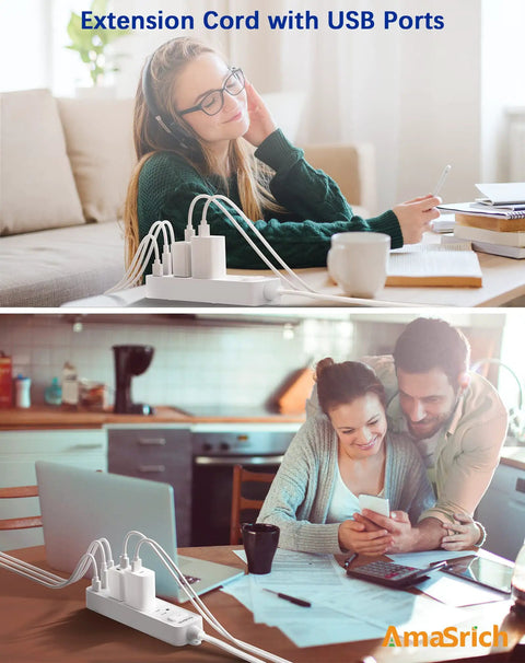 People using 6 In 1 USB C Power Strip With 3 AC Outlets, 2 USB C Ports And 1 USB A Port, 5ft Flat Extension Cord in home settings.