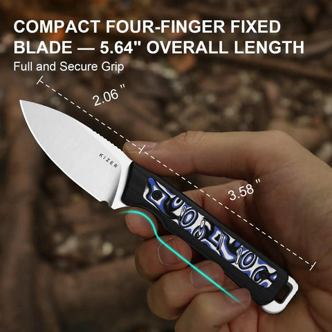 Close-up of Whiskey Jack Fixed Blade Knife 2.06 Inch Drop Point AEB L Blade Steel being held, showing length and ergonomic grip.