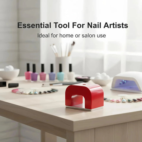 Red cast horseshoe magnet for nail art, 30 lb pull, alnico, on a desk